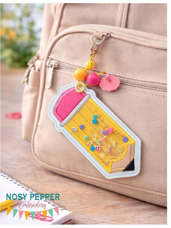Pencil applique bagtag bookmark/ornament/bag tag machine embroidery design DIGITAL DOWNLOAD