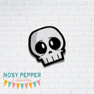May include: A white cartoon skull with black eyes and a black outline. The skull is on a white brick background.