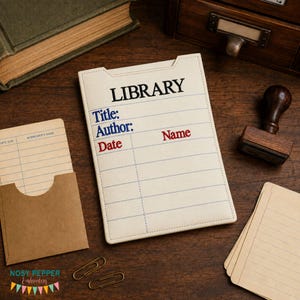May include: A cream-colored rectangular library card pocket featuring embroidered text in black, blue, and red. The word LIBRARY is stitched in black, Title and Author in blue, and Date and Name in red, with blue horizontal and vertical lines.
