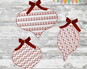 Diseños de bordado a máquina de adornos navideños retro, juego de 3 (descarga digital)