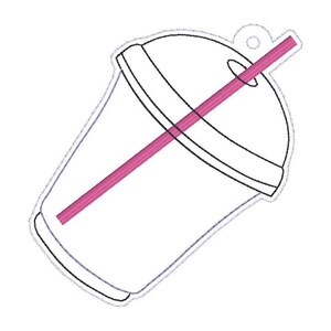 May include: A white, outline drawing of a to-go cup with a pink straw. The cup has a lid and a rounded bottom. The straw is angled across the cup. A small hole is at the top of the lid.