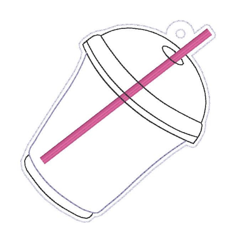 May include: A white, outline drawing of a to-go cup with a pink straw. The cup has a lid and a rounded bottom. The straw is angled across the cup. A small hole is at the top of the lid.
