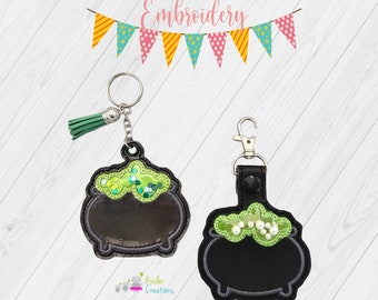 Cauldron applique shaker snap tab and eyelet fob machine embroidery file (single and multi files included) DIGITAL DOWNLOAD