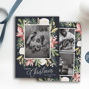 Navy Christmas Photo Card Family Photo Collage, Editable Photo Christmas Card 5x7, Christmas Card Template PSD, Merry Photo Christmas Cards
