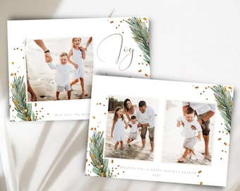 Gold and Green Photo Christmas Card Template 5x7,Happy Holiday Card Template,Editable in Canva/Photoshop Christmas Card Template Photography