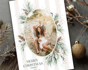 Oval PSD Holiday Photo Card of 1 Picture Edit in Photoshop & CANVA Striped Christmas Photocard Template Editable Digital Download One Sided