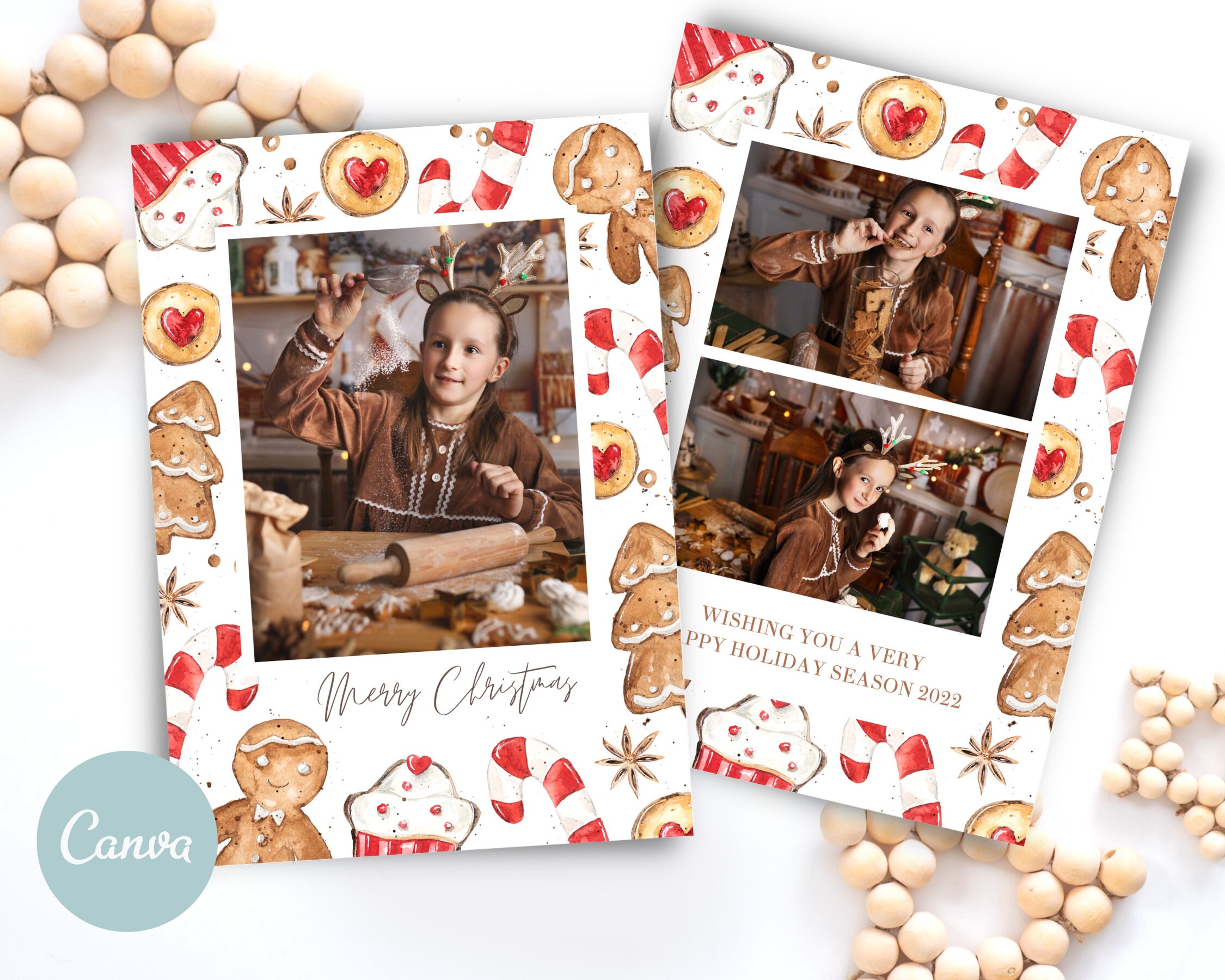 Sweet Christmas Greetings Editable Gingerbread Cookie Card, 5x7 Canva Design