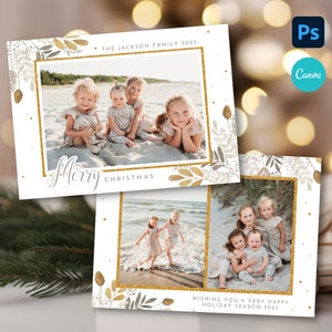 Modelo de cartão de Natal com foto dourada, modelo de cartão de Natal para impressão, cartão de foto dourado de feliz Natal, modelo de cartão de feriado para fotógrafos