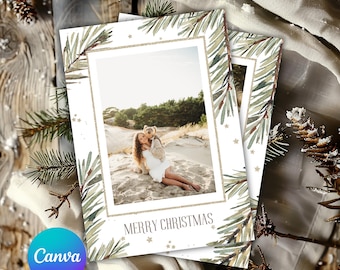 Christmas Photo Card Template Sage Green Holiday Picture Card Template, Editable Canva Christmas Card Collage, Digital Download