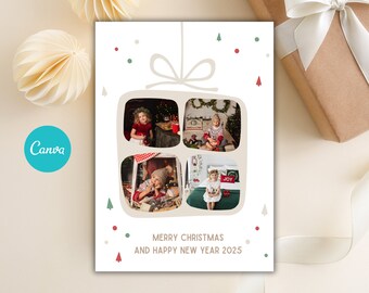 Editable Christmas Photo Collage Card for Canva Collage Frames, Digital Printable Holiday Photo Frame Card Template 5x7"