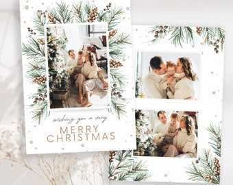 Photoshop/CANVA Christmas Photo Card Template 5x7, Pine Branches Happy Holiday Card Template, Editable Christmas Photo Card Template