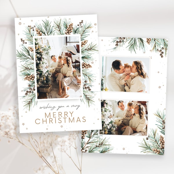 Photoshop/CANVA Christmas Photo Card Template 5x7, Pine Branches Happy Holiday Card Template, Editable Christmas Photo Card Template