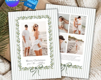 Striped PSD Christmas Card Collage of 5 Photos Edit in Photoshop CANVA Green Bow  Christmas Card Digital Classic Garland Printable Download