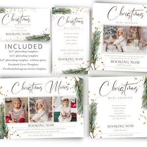 May include: A set of five Christmas mini session templates with a green pine branch and gold glitter design. The templates include the text "Christmas Mini Session" and "Booking Now".