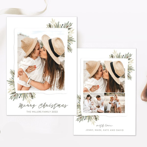 5x7 Greenery Christmas Card PHOTOSHOP Template, Printable Holiday Cards, Templates For Photographers, Green Watercolor Christmas Card