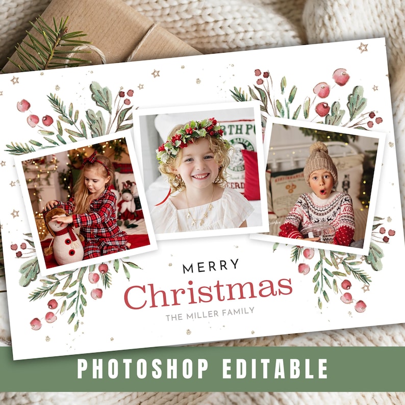 Christmas Card Collage of 3 Photos Edit in Photoshop - Digital Download PSD File, holiday photo card template,psd christmas card template , christmas card template photoshop,