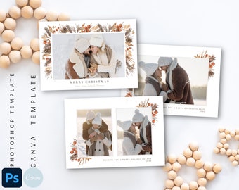 Boho Christmas Card 5x7 Photo Template, Brown Editable Design Holiday Card for Canva and Photoshop Digital Download