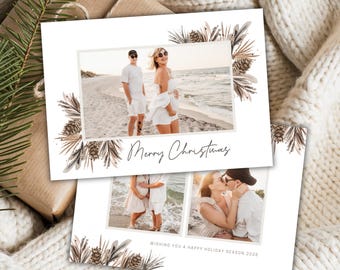 Neutral Photo Christmas Card Template, Taupe Holiday Photo Card, Family Christmas Card Horizontal Download Happy Holidays Crad of 3 Pictures