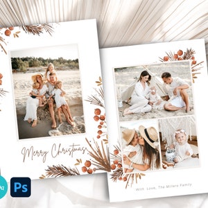 BOHO PSD Weihnachtskarte Vorlage Photoshop, druckbare Urlaub Fotokartenvorlage, Orangenbeeren Weihnachtskarte Bronze zum digitalen Download