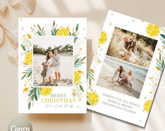Citrus Christmas Photo Card - Southern Holiday Card Family Template - Hand Painted Lemon Watercolor - Editable in CANVA Digital Download