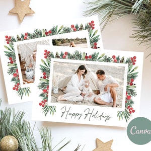 Botanical Christmas Photo Card Template: Red Berries, Greenery (Digital Download)