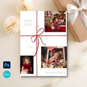 Plantilla de 3 fotos para tarjeta navideña con lazo rojo, tarjeta navideña bohemia con lazo rojo, plantilla Canva para tarjeta de regalo navideña con descarga instantánea