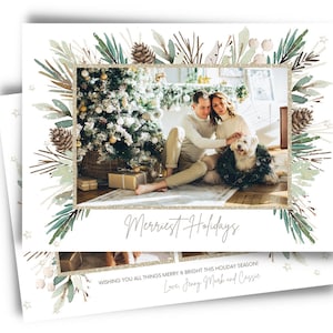 Plantilla de tarjeta navideña con foto para Photoshop, tarjeta navideña con foto imprimible, tarjeta navideña con foto en acuarela en formato PSD, descarga digital horizontal