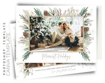 Photo Christmas Card CANVA/Photoshop Template, Printable Holiday Photo Card Template, Watercolor Christmas Photo Card, Holiday Cards Photo