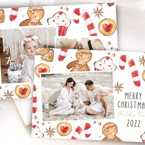 Gingerbread Xmas fotocollage kaartsjabloon, koekjes foto kerstkaart 5 x 7, zoete kerstkaart fotosjabloon, afdrukbare fotocollage