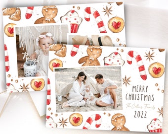 Gingerbread Photo Christmas Card Template Canva - Editable 5x7 Horizonatal Holiday Card Template - Candy Cane Border - Digital Download