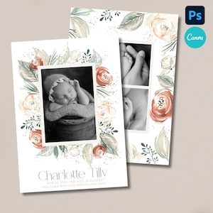 Modèle de carte de faire-part de naissance bébé fille pour CANVA, faire-part de naissance photo de fleurs sauvages, faire-part de naissance photo de bébé