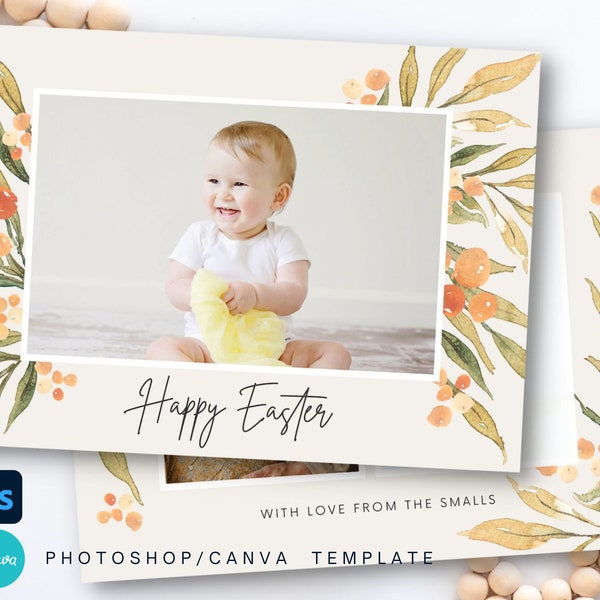 Easter Card Photoshop Template, Printable Easter Photo Card, Templates For Photographers, 5x7 Orange Watercolor Easter Card PSD Template