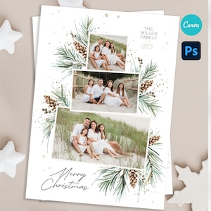Plantilla de tarjeta navideña con diseño de árbol de Navidad de Photoshop, 5 x 7, ramas de pino, tarjeta navideña en formato PSD, diseño de tarjeta navideña de Canva de una sola cara para descarga instantánea