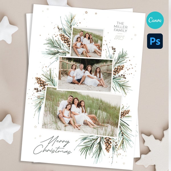 Photography Christmas Tree Card Template 5x7, Pine Branches Happy Holiday Card Template For PSD,Editable Christmas Tree Photo Card Template