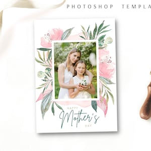 Moederdagkaartsjabloon met foto, afdrukbare Happy Mother's Day-kaartsjabloon, bloemen roze groene kaart, Moederdagkaartsjabloon