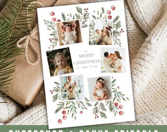 PSD Christmas Card Template 6 Pix Happy Holiday Card Photoshop or Canva - Printable DIY Christmas Family Photo Collage Card Editable