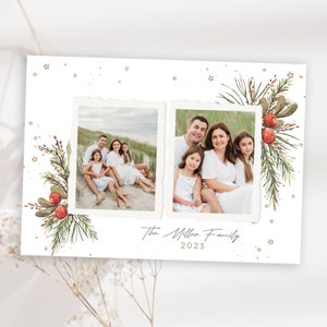 Foto Weihnachtskarte Vorlage 5 x 7, rote Beeren-Foto-Collage Sofortiger Download, Weihnachtskarte, horizontale doppelseitige Karte digitaler Download