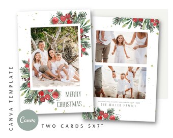 Editable Christmas Card Printable Digital Download - Watercolor Custom Holiday Photo Card - Red Green Personalized Card Canva Template