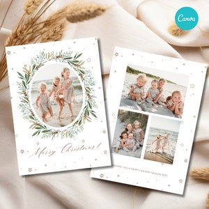 Tarjeta fotográfica navideña Jolly Wreath para CANVA, adorno navideño de descarga instantánea vertical 5x7, descarga digital en acuarela