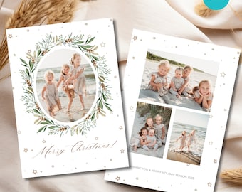 Oval 5x7 Holiday Card Collage of 4 Photos Editable in CANVA, Two Sided Digital Christmas Photo Card Template, Vertical Photo Collage Card