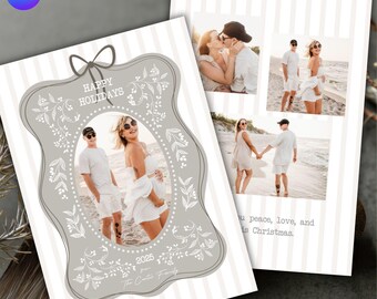 Grey Photo Holiday Card Template Editable Christmas Photo Card Printable Vertical Digital Download Canva Scalloped