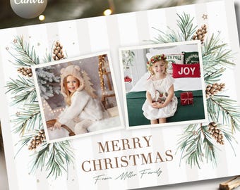 Holiday Photo Card Template, Christmas Two images Family Photo Card, Editable Canva Happy Holidays Template, Digital Download
