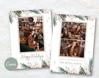 Printable Christmas Photo Card Editable Digital Download Canva Template Watercolor Multi-Photo Collage Holiday Card