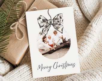 Plaid Bow Family Photo Christmas Card Template (Digital Download)