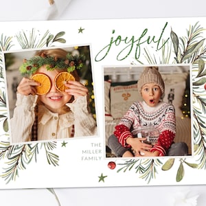 Tarjetas de regalo navideñas personalizadas con imagen 2, tarjeta navideña con dos fotos, tarjeta navideña con vegetación para Photoshop, tarjeta navideña PSD