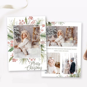 Plantilla de tarjeta fotográfica navideña rosa Photoshop 5x7, plantilla de tarjeta navideña imprimible, tarjeta fotográfica navideña en acuarela Canva, para fotografía