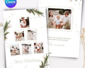 Photo Christmas Card of 7 Pictures, Family Photo Collage Card Canva Template, Digital Download, Holiday Photo Card Frames
