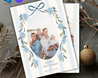 Blue Hydrangea PSD Christmas Card Template Photoshop & Canva Holiday Photocard Template Editable DIY Photo Collage Coastal Holiday Card Set
