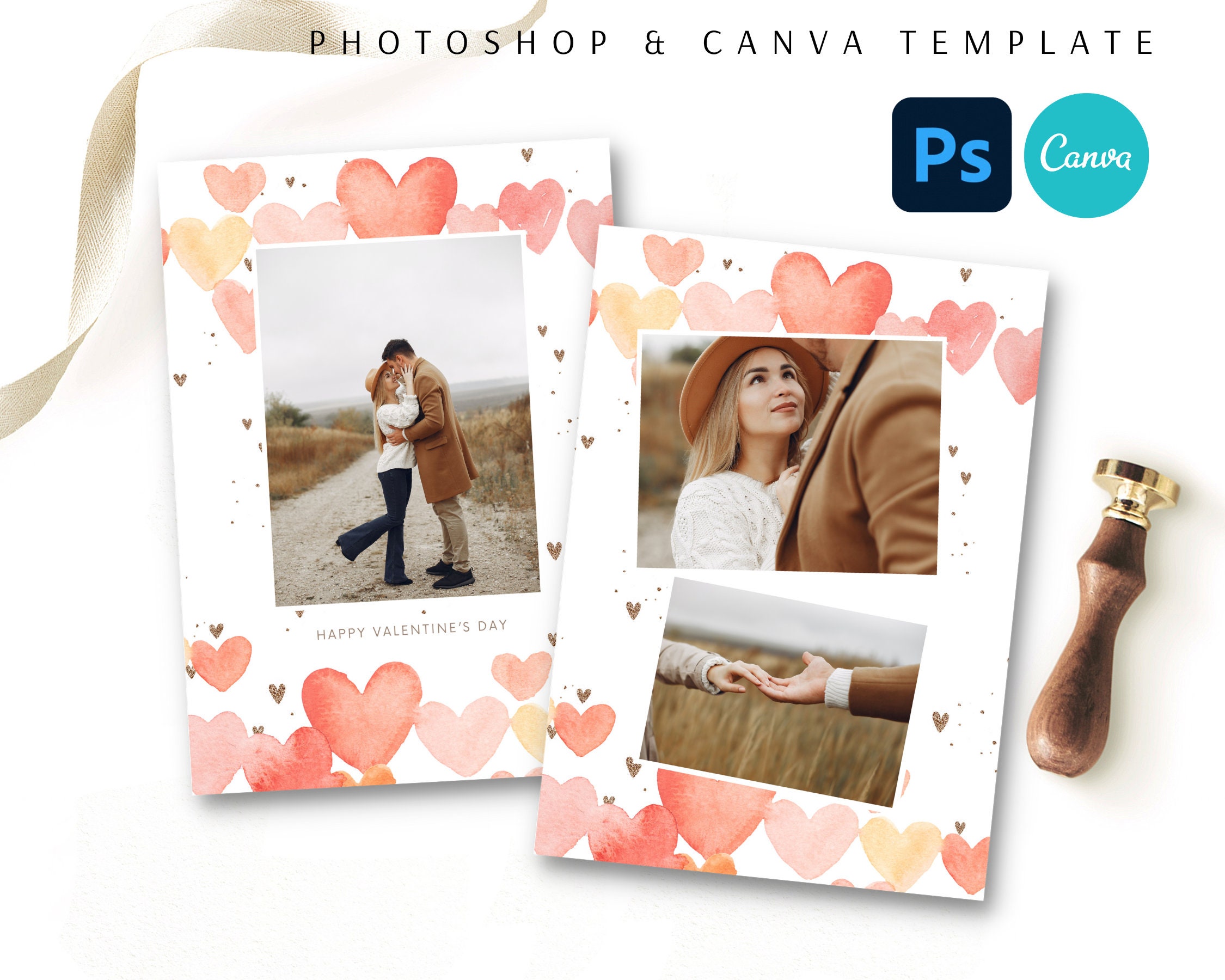 Romantic Printable Valentines Day Card CANVA/PHOTOSHOP Template ...
