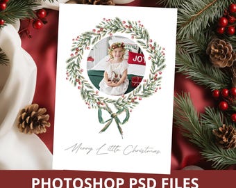 Merry Little Christmas Photo Card Photoshop Editable PSD Files, Holiday Photocard Template